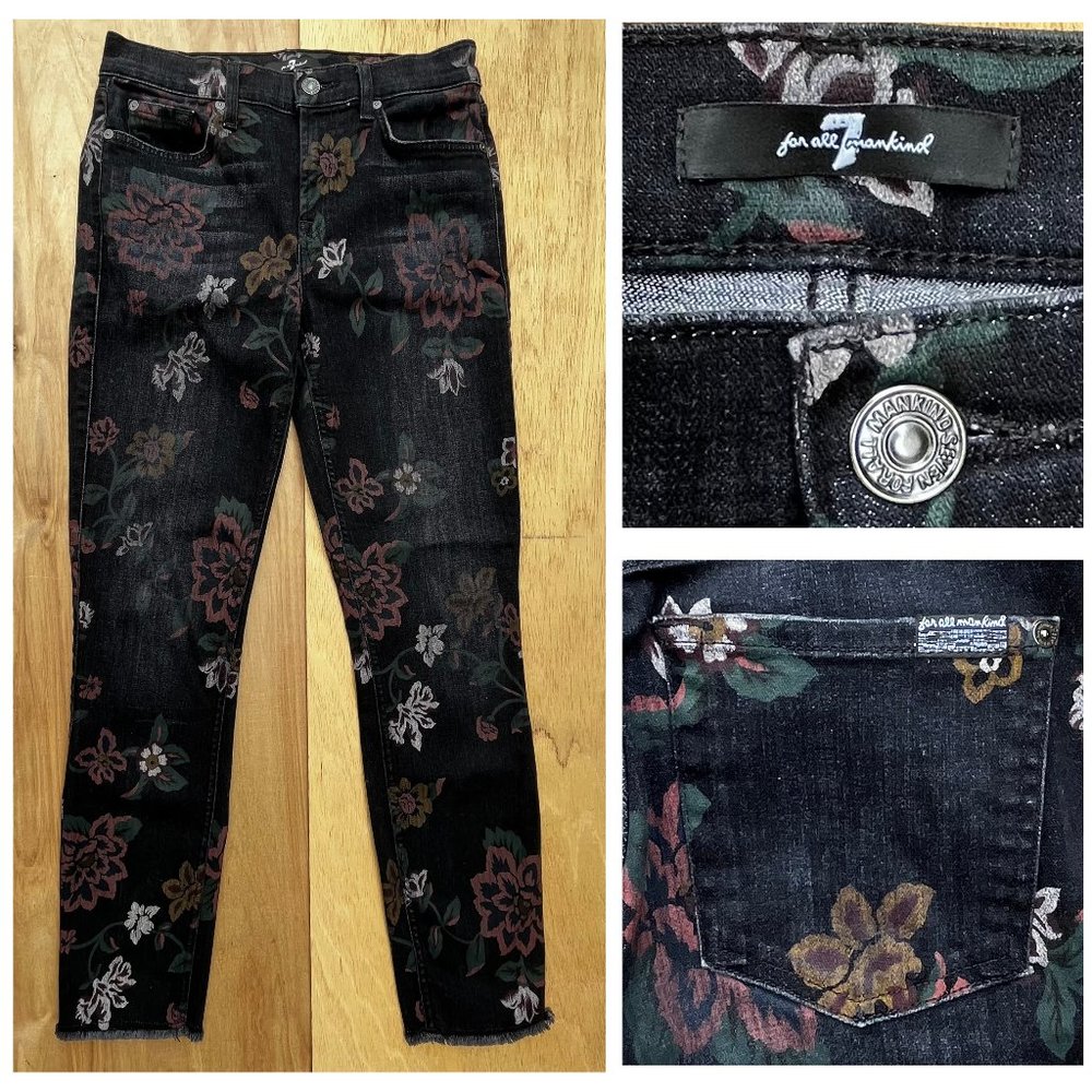 7 FOR ALL MANKIND Women’s Black Floral Low Rise Frayed Hem Stretchy Jeans sz 28